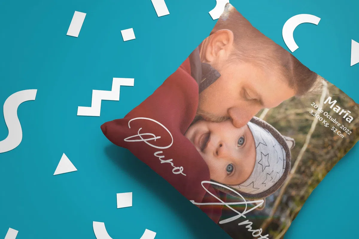 Cojín Nacimiento Personalizado Puro Amor Frente y Dorso con Foto del bebé y Datos. NIÑAS-NIÑOS, Regalo Original – Cojín Natalicio para recién Nacidos – Bautizo - Regalo Original.