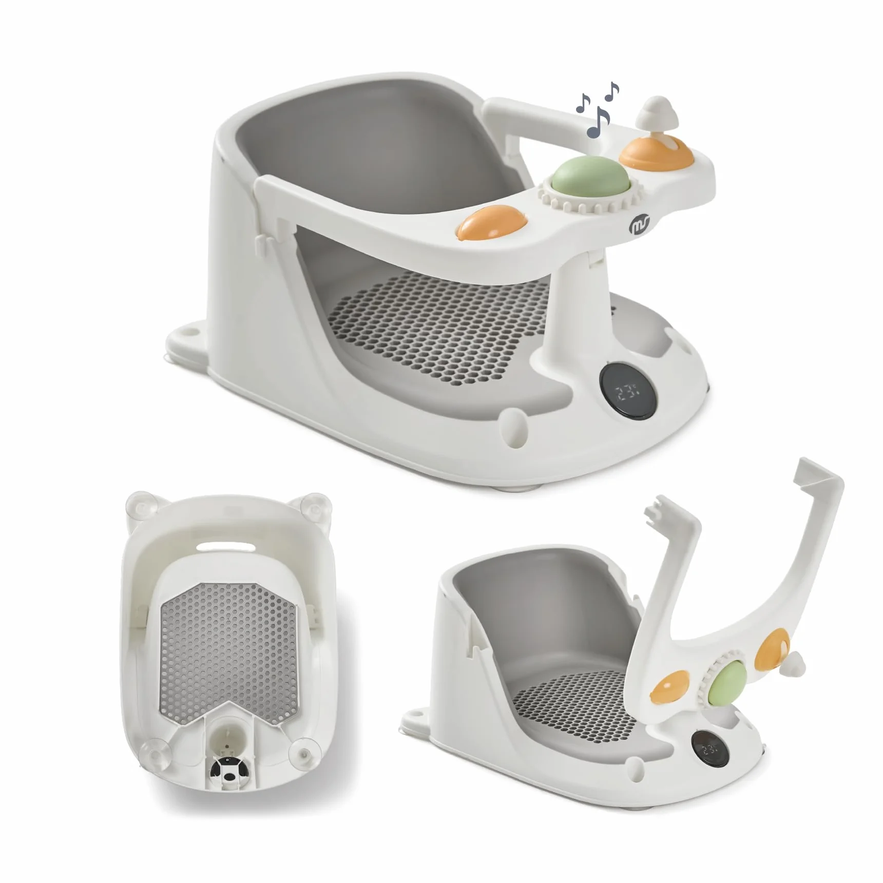 MS BabyWorld Asiento infantil de Ducha para Bebe Antideslizante para niños con TEMPERATURA de 6 a 24 meses, Silla para Bañera o Ducha con Barra para una facil colocacion del bebe (Verde) (Gris)