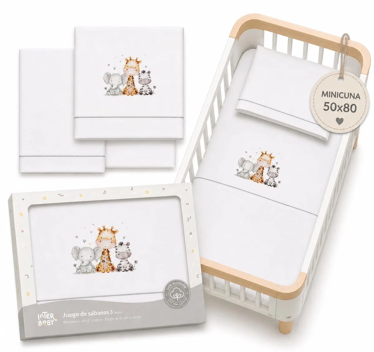 Sabanas Minicuna 50x80 100% Algodon Transpirables Lavables con Sabana Bajera Ajustable para Recien Nacidos Textil Suave Descanso Bebes + Encimera y Funda Almohada Jirafa Gris Primavera Verano Otoño
