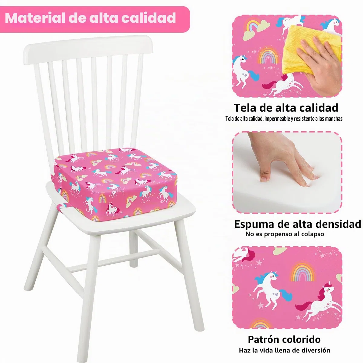 Alzador Elevador Silla para Niños Comer Lavable para Bebé, Base Antideslizante con 2 Correas Ajustables Asiento Elevador 32 x 32 x 32 cm - Unicornio