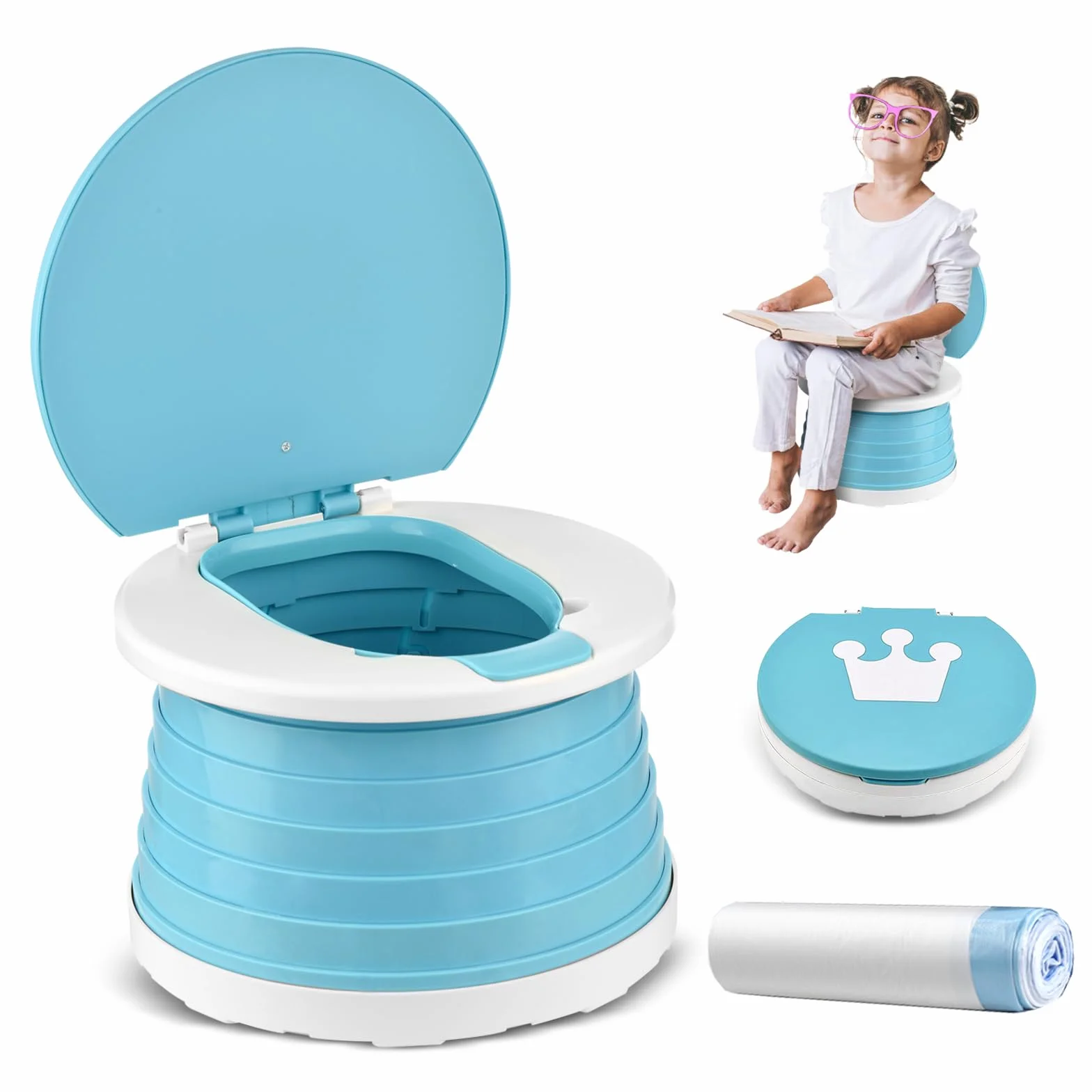 Orinales Infantiles Orinal Portatil Plegable Niños 1-3 Años WC Vater Portatil para Niños Bebé Inodoro Infantil Plegable Potty Training Asiento para Viaje Camping con 15 Bolsas de Limpieza(Azul)
