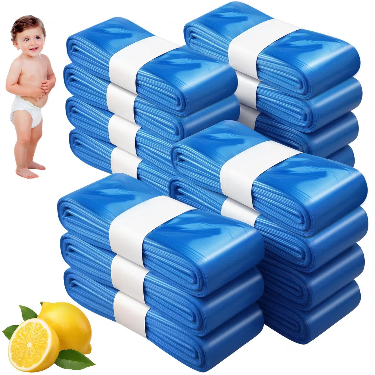 15 Piezas Recambios Contenedor de Pañales, 4,5M Recambios de Papelera Pañales Bebe, Gran Capacidad Antiodor Bolsas Pañales Recambios, Alta Compatibilidad Bolsas Papelera Pañales - Azul