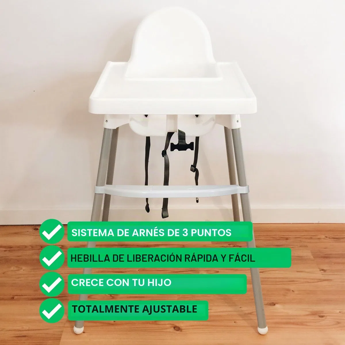 Sistema de arnés de 3 puntos para trona, 1 juego, compatible con bebeconfort, IKEA, Kinderkraft, Safety 1st, y muchos más, en negro, con correa de entrepierna, arnés de seguridad ajustable para trona