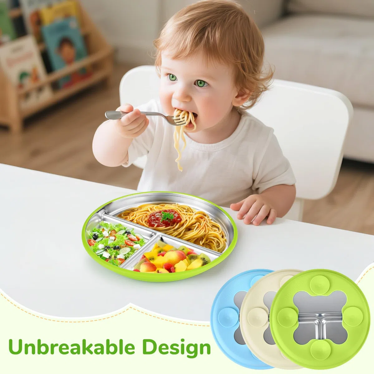 Set de 3 Plato acero Inoxidable Bebe con Ventosa, Irrompible Plato Dividido Antideslizante para Tronas, funda de silicona extraíble Utensilios para Bebé, sin BPA, apto para lavavajillas