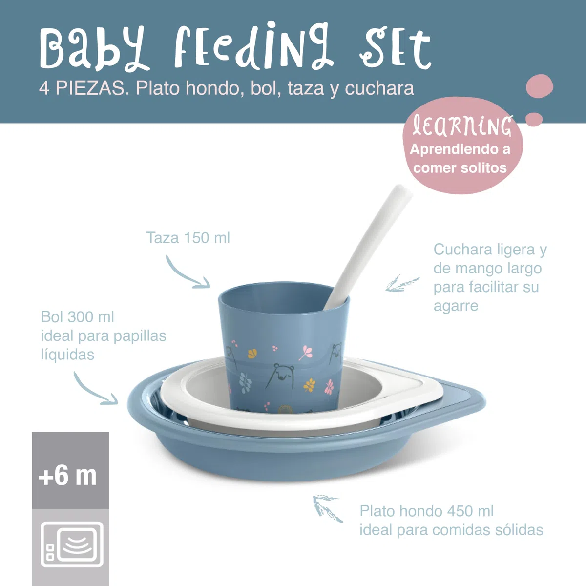 Suavinex, Vajilla para Bebés, Set de Platos de Aprendizaje, +6 Meses, Vajilla Infantil Apta Para Lavavajillas y Microondas. Incluye: Vaso + Plato Llano + Bol + Cuchara. Bears Rosa