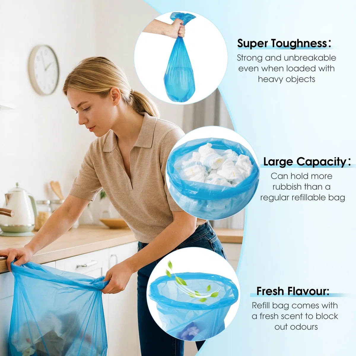 15 Piezas Recambios Contenedor de Pañales, 4,5M Recambios de Papelera Pañales Bebe, Gran Capacidad Antiodor Bolsas Pañales Recambios, Alta Compatibilidad Bolsas Papelera Pañales - Azul