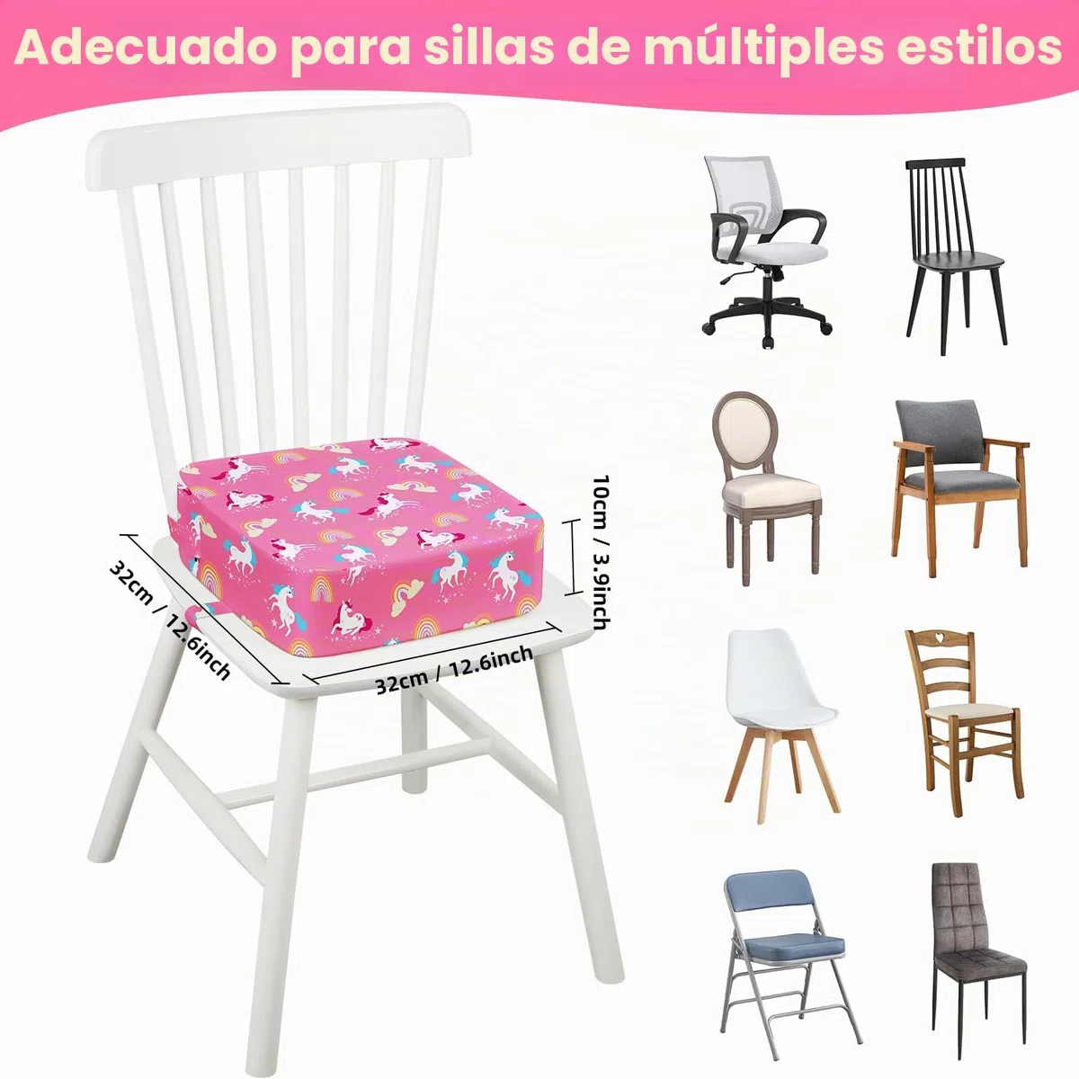 Alzador Elevador Silla para Niños Comer Lavable para Bebé, Base Antideslizante con 2 Correas Ajustables Asiento Elevador 32 x 32 x 32 cm - Unicornio