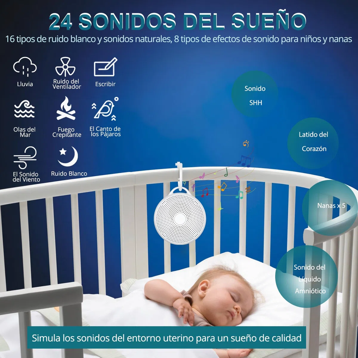 Máquina de Ruido Blanco para Dormir Bebé,24 Sonidos Relajantes,Máquina de Sonido Portátil,Variedad de Sonidos Naturales con Luz Nocturna Temporizador para Niños Guardería Sueño Meditación Yoga