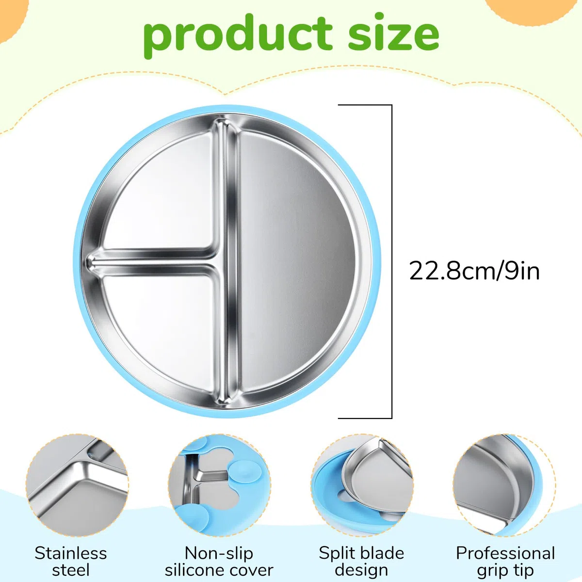 Set de 3 Plato acero Inoxidable Bebe con Ventosa, Irrompible Plato Dividido Antideslizante para Tronas, funda de silicona extraíble Utensilios para Bebé, sin BPA, apto para lavavajillas