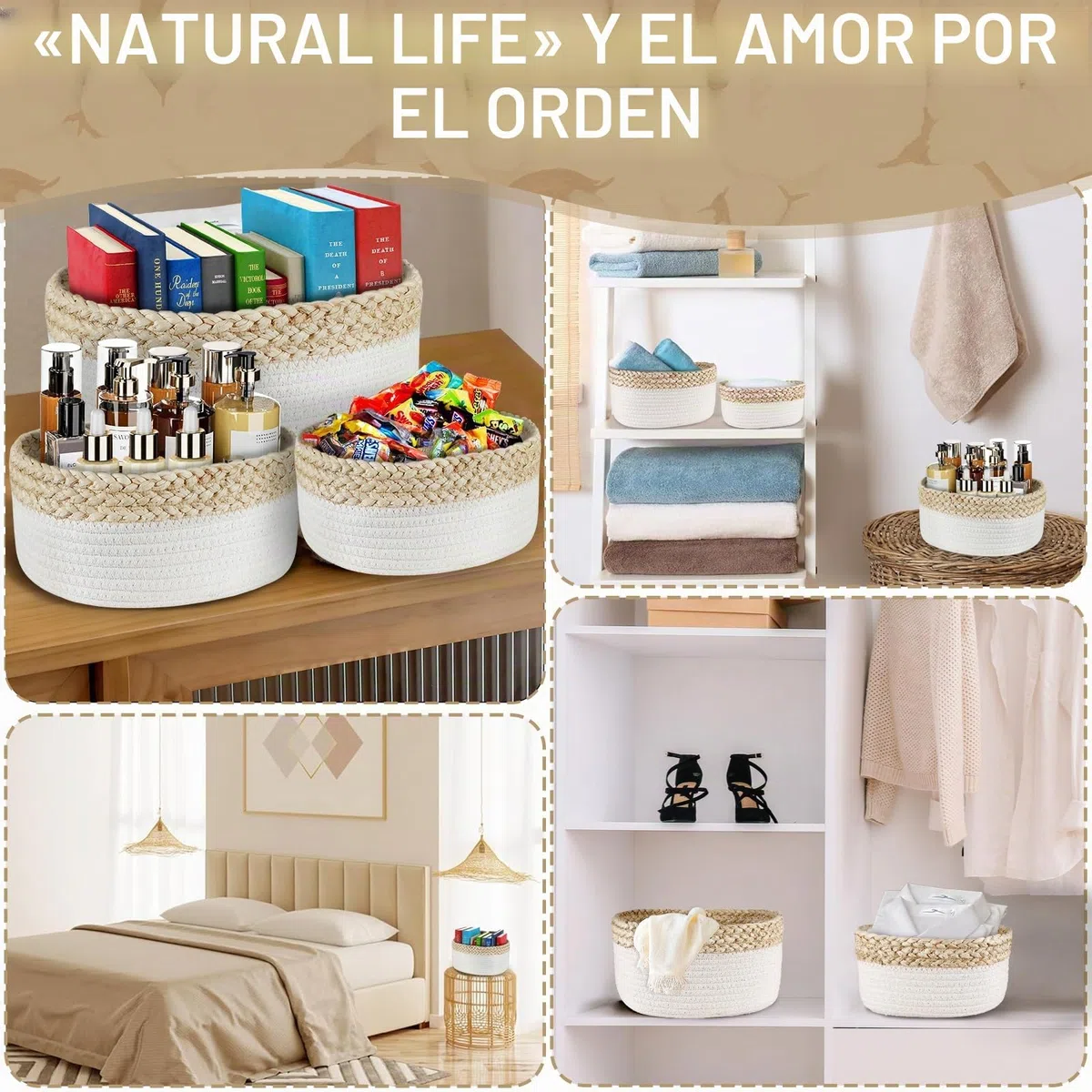 ENCOUN 5PCS Cestas Almacenaje de Cuerda de Algodón, Cesta Organizadora Bebe, Cestas Almacenaje Baño, Apilable Cestos Organizadores, Juego Cestas Organizadoras para Baño, Armarios, Salones, Juguetes