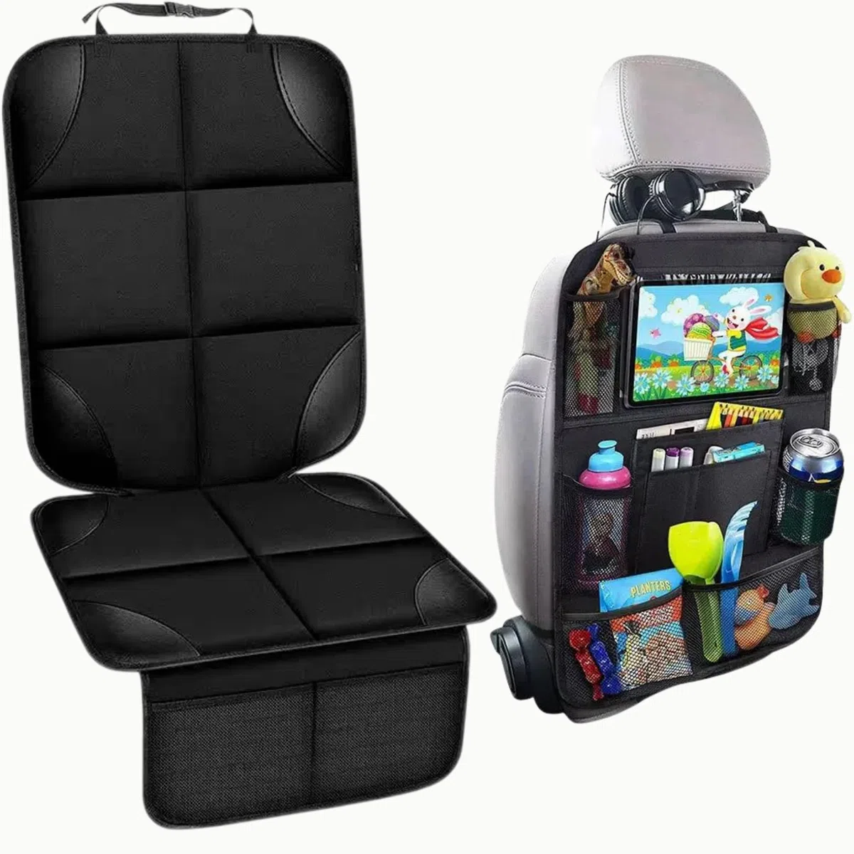 Set Protector Asiento Coche Silla Bebe ISOFIX + Organizador Coche, Protector Silla Coche para Bebe Y Mascotas, Protector Respaldo Y Organizador De Asiento Coche Niños con 10 Bolsillos
