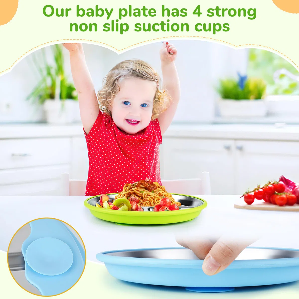 Set de 3 Plato acero Inoxidable Bebe con Ventosa, Irrompible Plato Dividido Antideslizante para Tronas, funda de silicona extraíble Utensilios para Bebé, sin BPA, apto para lavavajillas