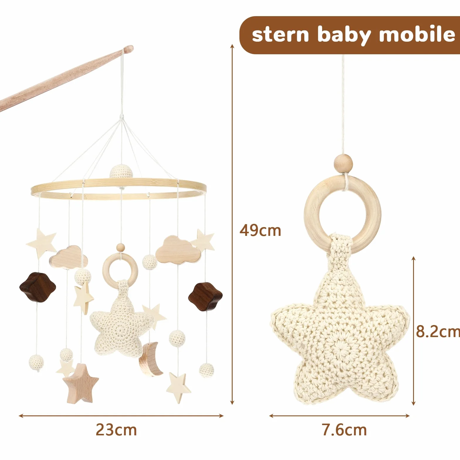 Litimkat cuna móvil para bebé, con adornos colgantes de estrellas, lunas y nubes de ganchillo, móvil para bebé para la cama, carillón de viento para bebé móvil de madera, regalo para bebés o niños(A)