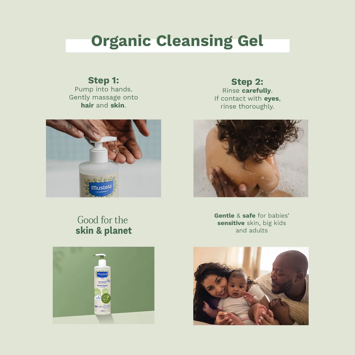 Mustela Gel Limpiador Bio Vegano con Aceite de Oliva, Aloe Vera y Glicerina, Cuerpo y Cabello, Bebé, Toda la Familia - Limpia suavemente sin resecar, 99% Ingredientes de Origen Natural (400ml)
