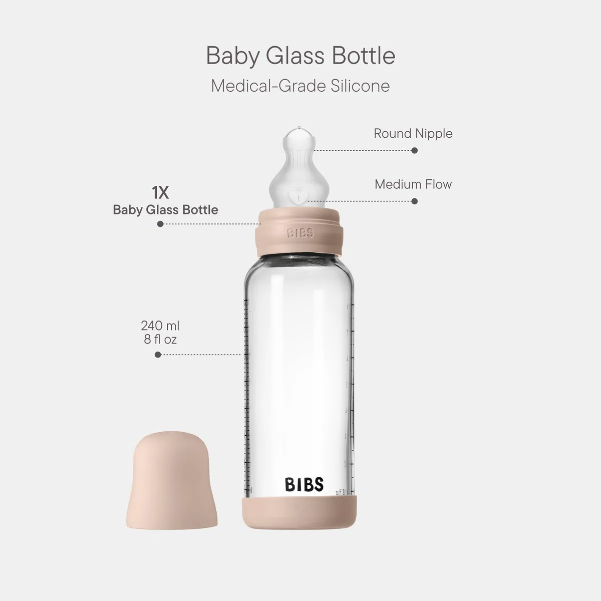 BIBS Baby Glass Bottle. Anticólicos. Tetina redonda de Silicona. Favorece la lactancia natural, 240ml, Complete Set - Blush