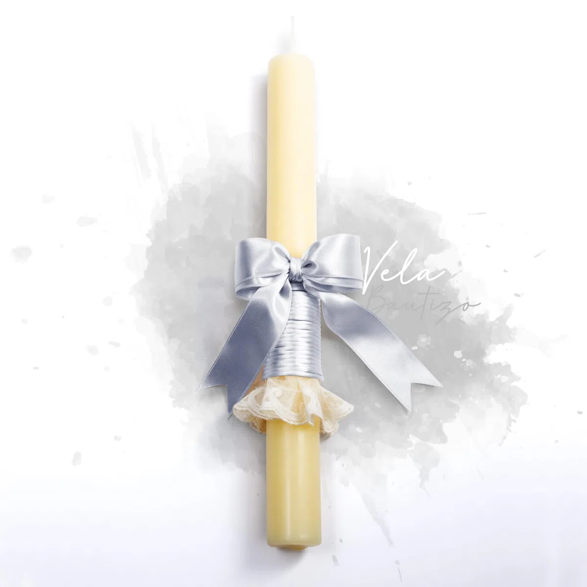 Vela Bautizo Artesanal - Cirio de Cera de Abeja Natural - Litúrgica Color Marfil - Para Niño Con Lazo Gris Falda