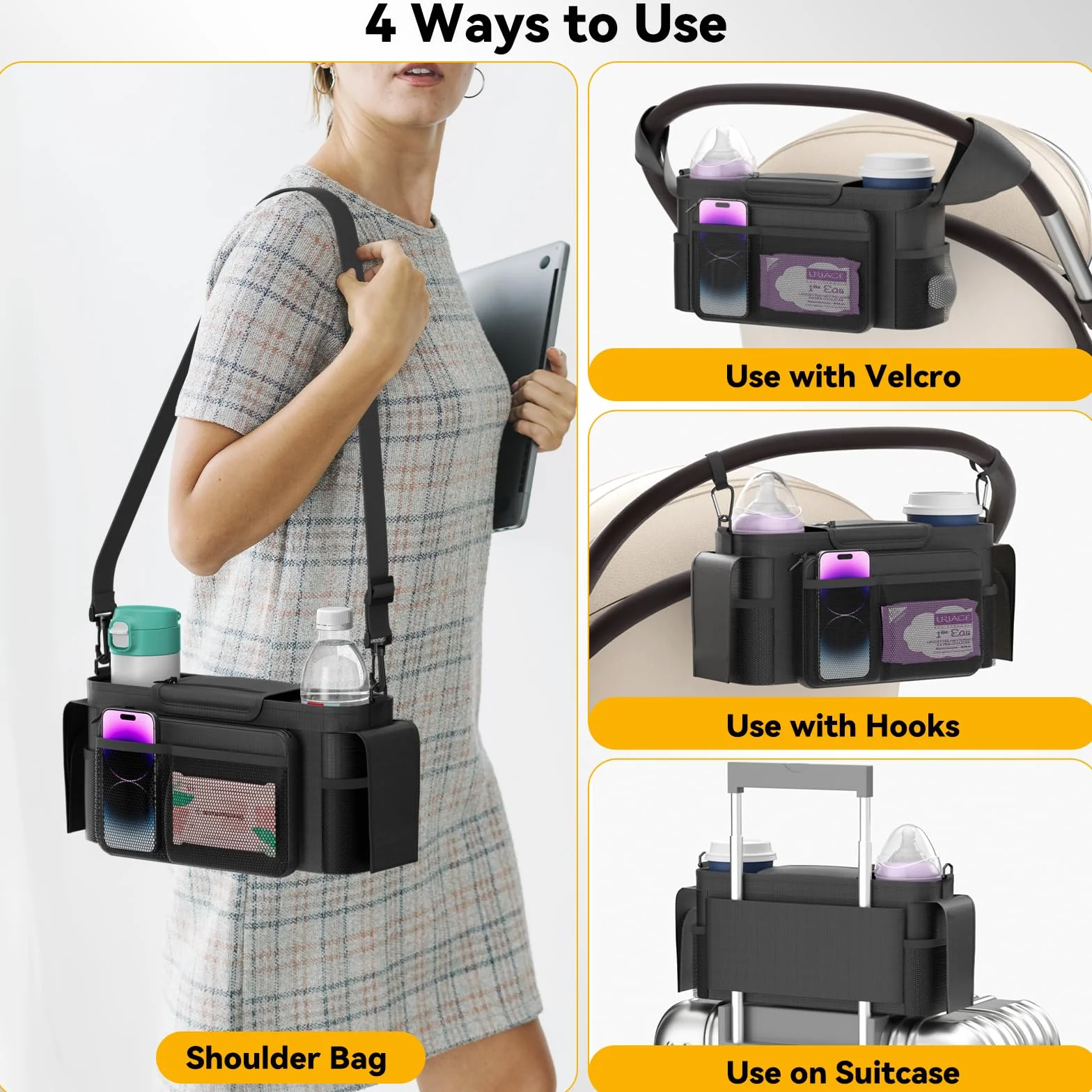 KDD Bolso Carro Bebé con Portavasos Aislado, Bolsa Carro Bebé con Bolsillo de Cremallera Desmontable y Correa de Hombro Ajustable, Bolso Organizador para Silla de Paseo para Cochecitos, Bugaboo, Doona
