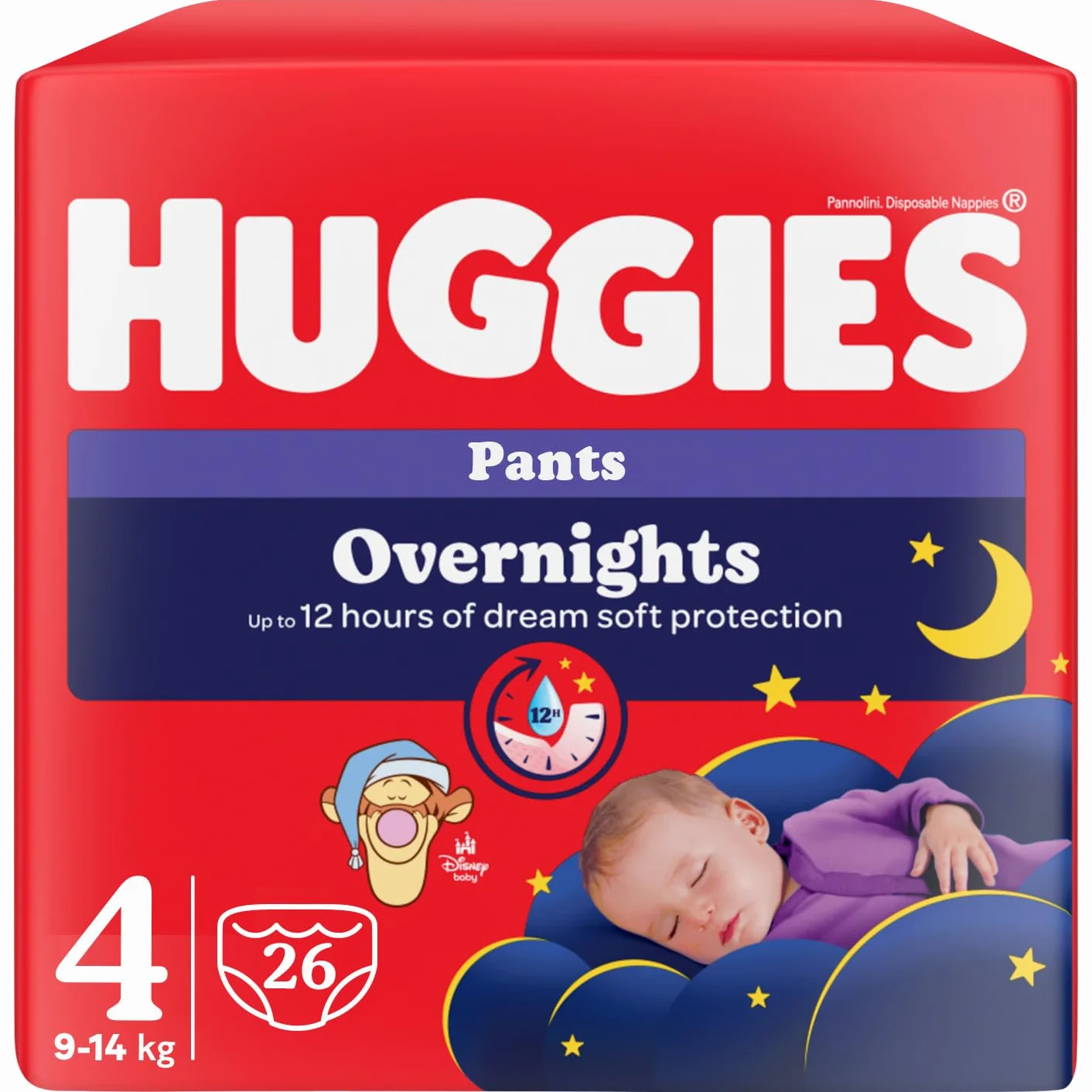 Huggies Overnight - Pañales de noche para bebé, talla 4 (9-14 kg), pañales absorbentes para la noche, diseño Disney, paquete de 26 bragas