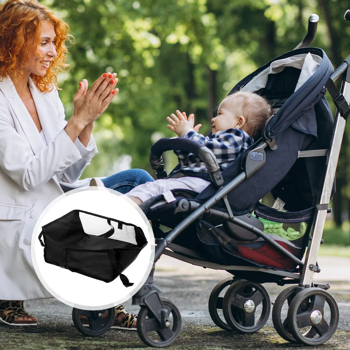 YARNOW Cesta Inferior para Cochecito con Malla Transpirable Organizador Colgante Multifunción para Carrito Carrito de Compras Bolsa Portátil para Pañales Juguetes y Botellas Compatible