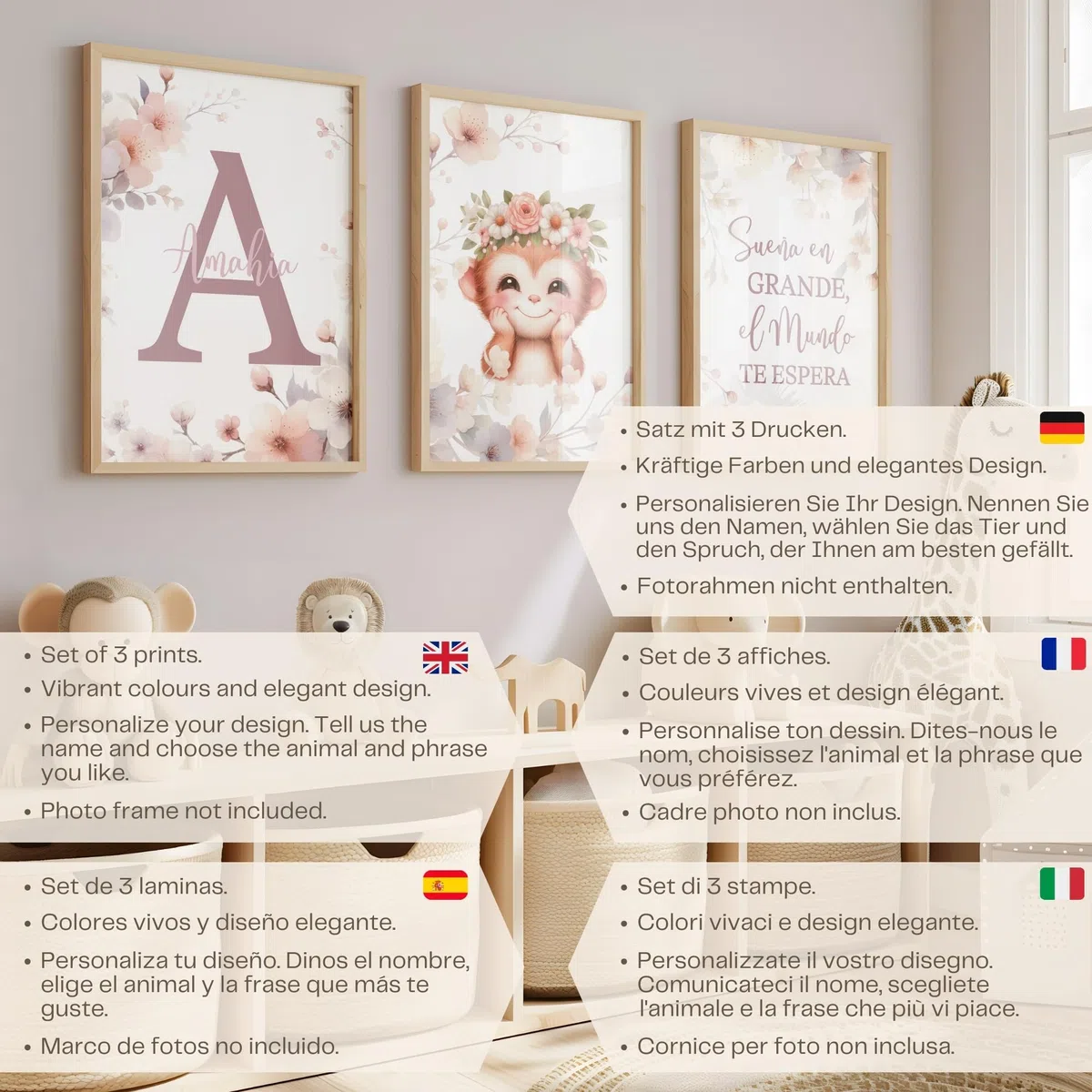 ayurvana Set 3 Láminas Infantiles Personalizadas Niña - Cuadros Animales Safari con Nombre e Inicial Flores - Decoración Habitación Bebé Regalo Nacimiento Bautizo Baby Shower (Sin Marco) A3