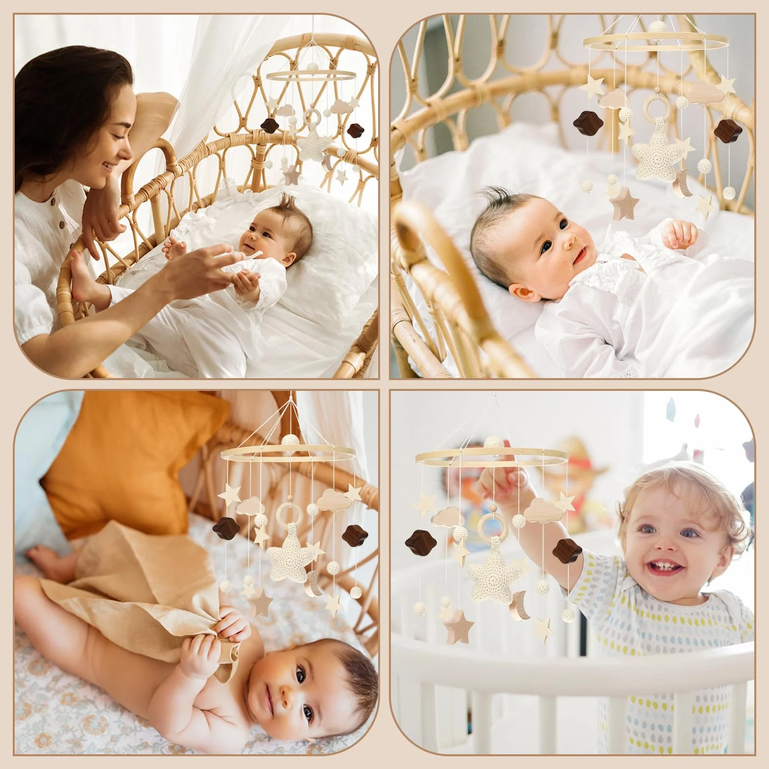 Litimkat cuna móvil para bebé, con adornos colgantes de estrellas, lunas y nubes de ganchillo, móvil para bebé para la cama, carillón de viento para bebé móvil de madera, regalo para bebés o niños(A)