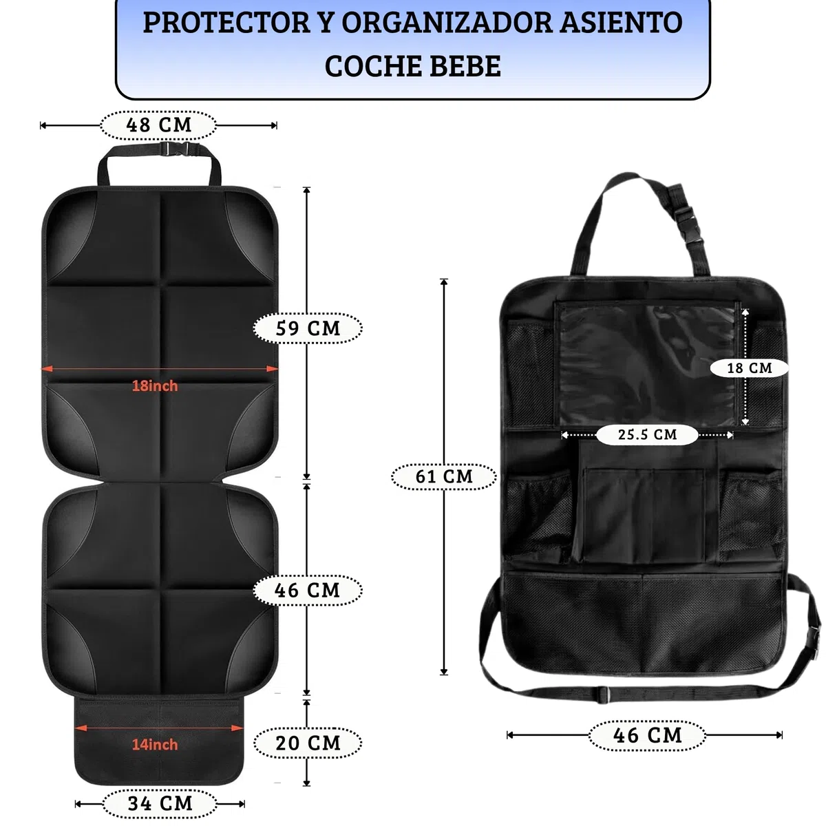 Set Protector Asiento Coche Silla Bebe ISOFIX + Organizador Coche, Protector Silla Coche para Bebe Y Mascotas, Protector Respaldo Y Organizador De Asiento Coche Niños con 10 Bolsillos