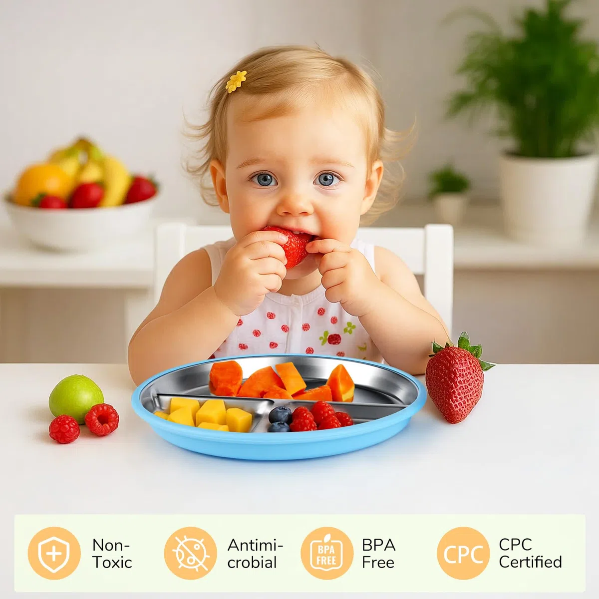 Set de 3 Plato acero Inoxidable Bebe con Ventosa, Irrompible Plato Dividido Antideslizante para Tronas, funda de silicona extraíble Utensilios para Bebé, sin BPA, apto para lavavajillas