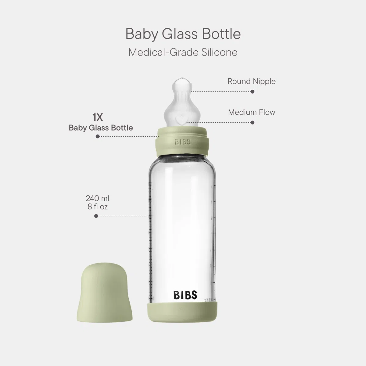 BIBS Baby Glass Bottle. Anticólicos. Tetina redonda de Silicona. Favorece la lactancia natural, 240ml, Complete Set - Sage