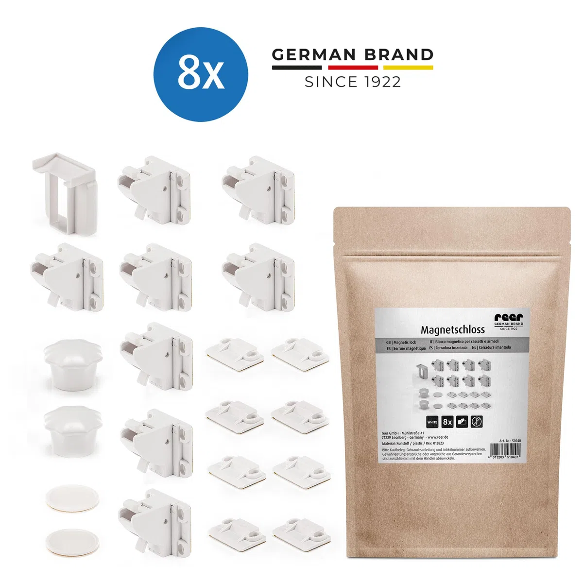 reer Cerradura magnética | 8 unidades en bolsa de papel | seguro magnético para niños | seguro para armarios y cajones para pegar | seguridad para bebés y niños | equipamiento inicial