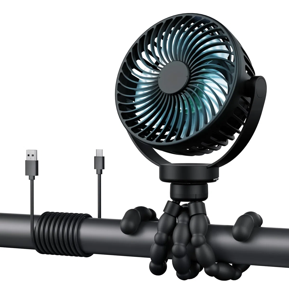 Ventilador Portátil de 5200mAh para Bebé en Cochecito, Soporte de Silicona Desmontable Ideal para Paseos y Viajes, 3 Velocidades + Luz Nocturna, Carga USB-C, Perfecto para Interior y Exterior