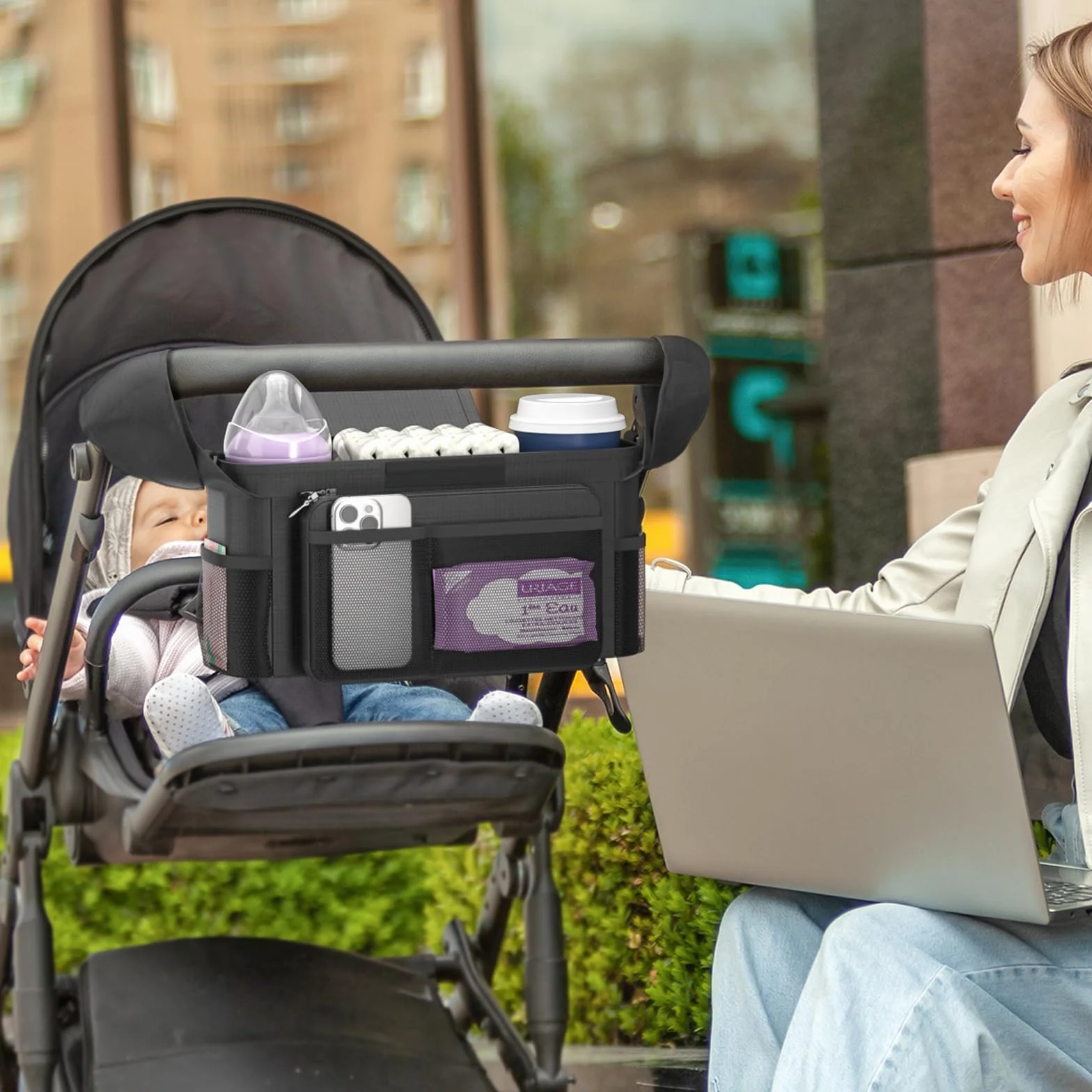 KDD Bolso Carro Bebé con Portavasos Aislado, Bolsa Carro Bebé con Bolsillo de Cremallera Desmontable y Correa de Hombro Ajustable, Bolso Organizador para Silla de Paseo para Cochecitos, Bugaboo, Doona