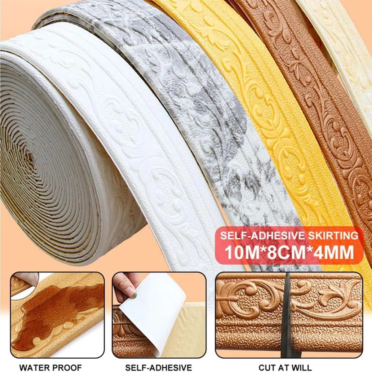 Cenefa autoadhesiva de 10 m x 8 cm x 4 mm, 3D, diseño simétrico, cenefa de pared, anticolisiones, azulejos, borde, rollo para esquinas y líneas (blanco)